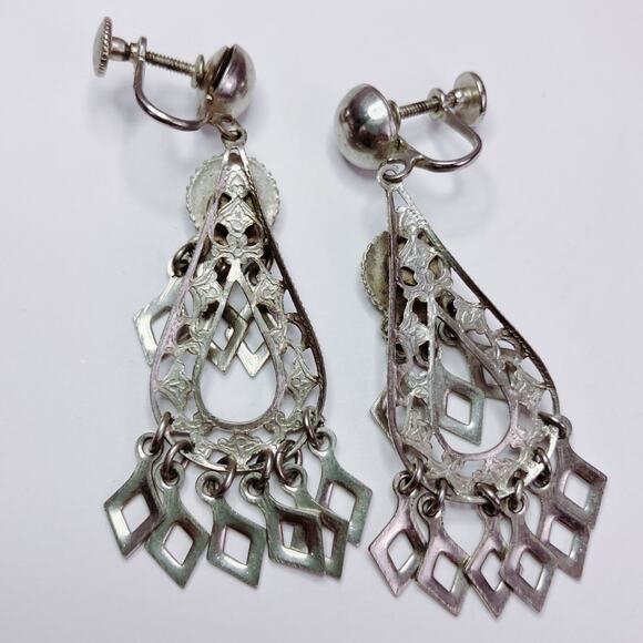Vintage 1950s Silver Tone Filigree Chandelier Screw Back Earrings Mid Century - Picture 7 of 9